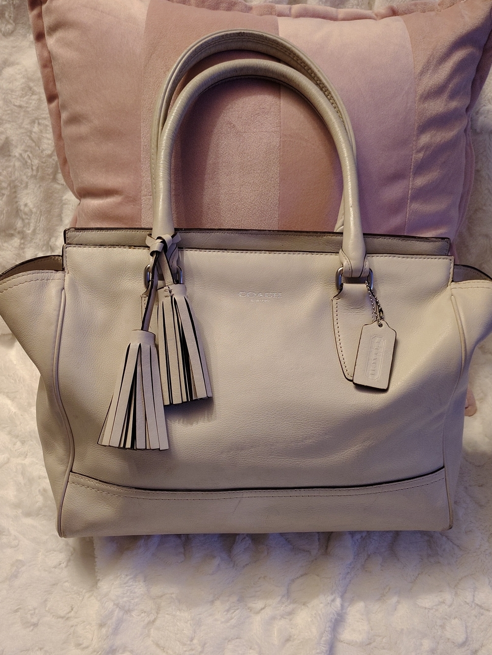 Used Coach Cream Leather Satchel with Tassel Accents